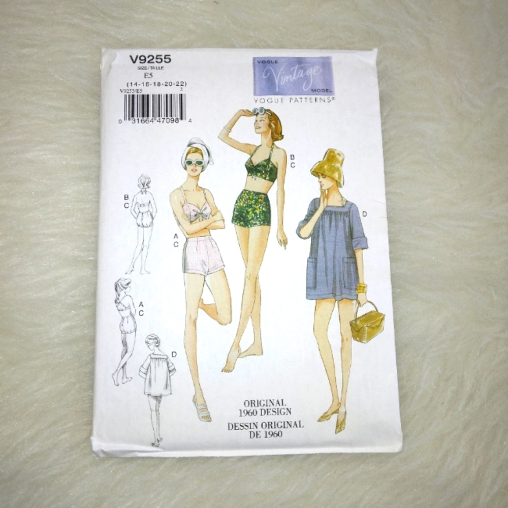 VOGUE V9255 SZ 14-22 Original 60s Design, Bra/halter Top, Shorts, Loose Cover Up